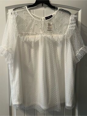 Almost Famous White Sheer Dot Ruffle Blouse